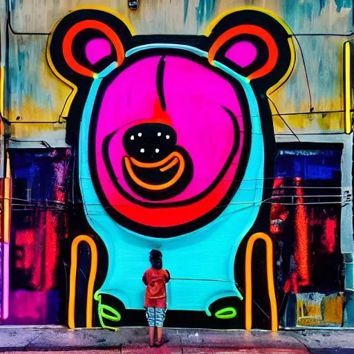 Image similar to neon art mural with portrait and a bear