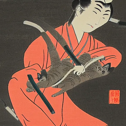 Prompt: Japanese painting of a Nekomata carrying multiple Katanas.