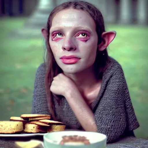 Image similar to closeup portrait of a medieval goblin eating cakes in the cloisters, depth of field, zeiss lens, detailed, symmetrical, centered, fashion photoshoot, by annie leibovitz and steve mccurry, david lazar, jimmy nelsson, breathtaking, 8 k resolution, extremely detailed, beautiful, establishing shot, artistic, hyperrealistic, beautiful face, octane render