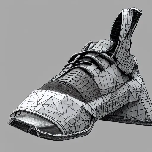 Image similar to low poly 8 k render damaged shoe, conceptual, intricate detailed painting, illustration sharp detail, manga 1 9 9 0