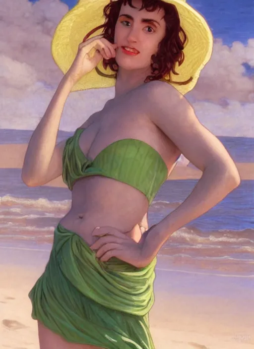 Image similar to portrait Beetlejuice green as sea lifeguard on the beach, full length shot, shining, 8k highly detailed, sharp focus, illustration, art by artgerm, mucha, bouguereau