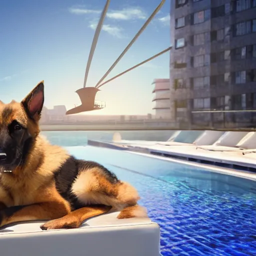 Image similar to a swanky gsd puppy relaxing at a swanky pool on a swanky penthouse rooftop with a futuristic blimp anchor in the background, futuristic cityscape, 8K, 4K, photorealistic, ultrarealistic, UE5, Octane, 3D, digital art, RTX, Ray Tracing, Bokeh, happening vibe