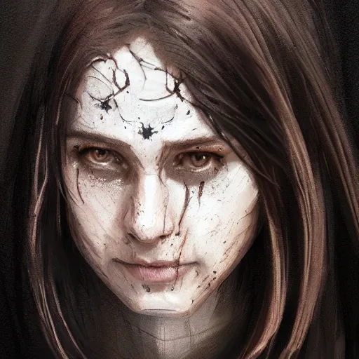 Image similar to portrait of an woman by Greg Rutkowski, she is about 20 years old, pretty, long brown wavy hair, blackout tattoos on her face, scar near her mouth that makes her look like she's smiling all the time, wearing black sith robes, Star Wars Expanded Universe, highly detailed portrait, digital painting, artstation, concept art, smooth, sharp foccus ilustration, Artstation HQ