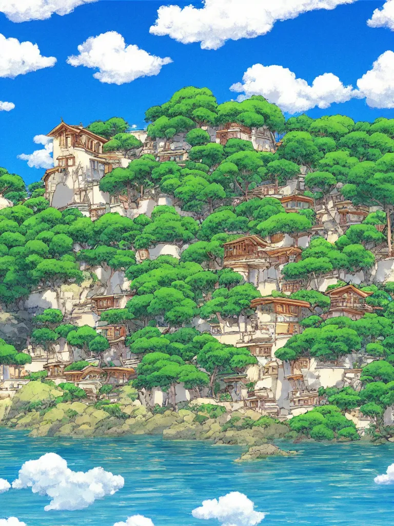 Image similar to studio ghibli background painting, kazuo oga, stucco house by the beach, blue sky with few clouds, details, hyper-detailed, HD, 4K, 8K