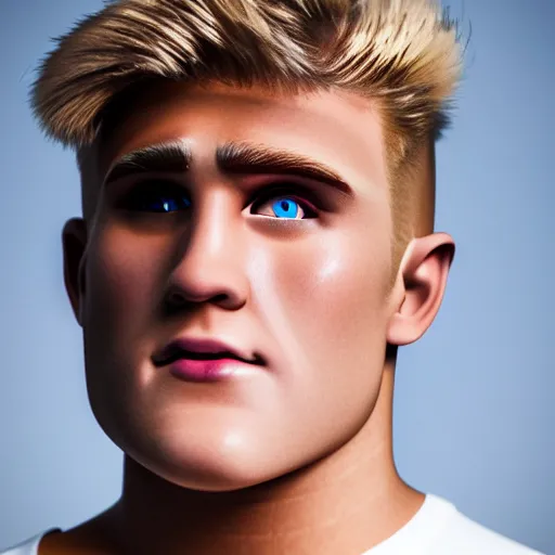 Prompt: a realistic detailed photo of boxer & youtuber jake paul as a humanoid robot, blank stare, shiny skin