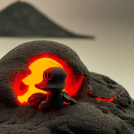 Prompt: a baby lava creature, dark grey stone, orange glowing lava, volcano in the background, very detailed