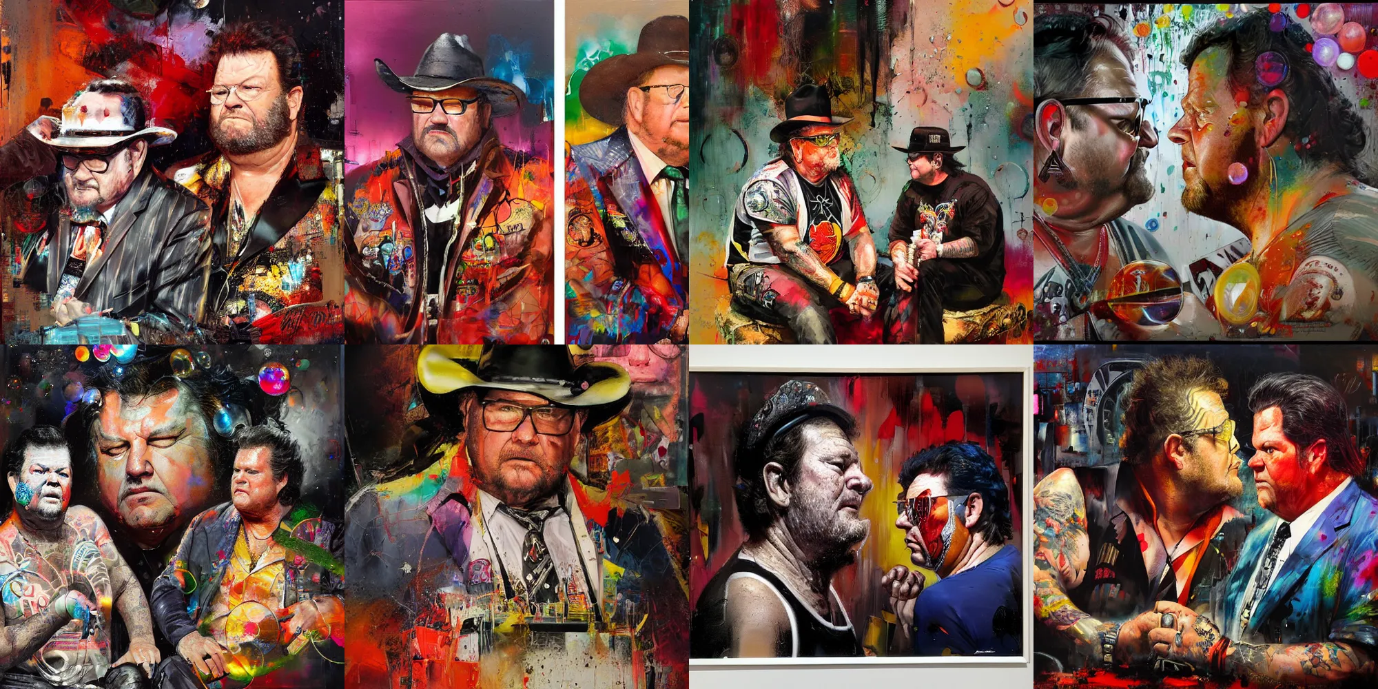 Prompt: jim ross and jerry lawler sitting ringside, j r, ( hallucinating colorful soap bubbles ), by jeremy mann, by sandra chevrier, by dave mckean and richard avedon and maciej kuciara, 8 0's, punk rock, high detailed, 8 k