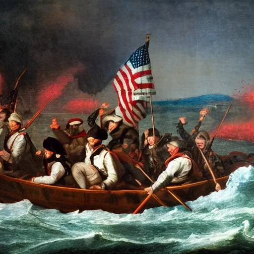 Prompt: washington crossing the delaware on a lava river in hell