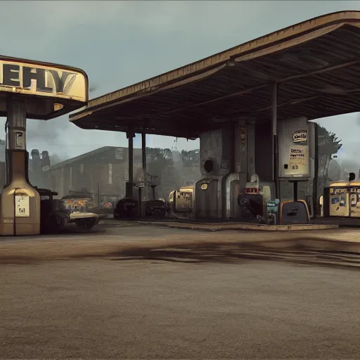 Prompt: dieselpunk fuel station, dirty cinematic scene, ultra realistic details, 8 k