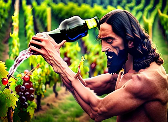 Image similar to Jesus Christ being caught making wine from water, candid photo, telephoto lens, from distance, magic trick