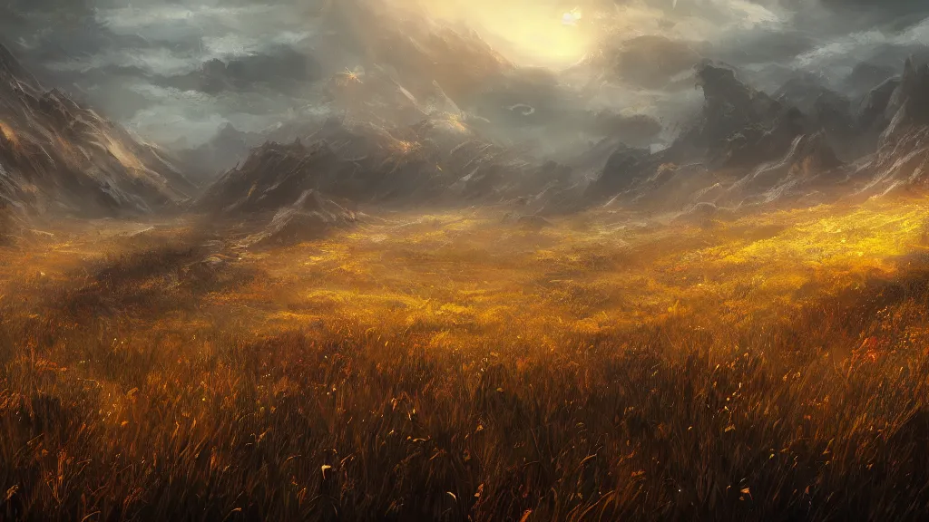 Prompt: golden grasslands, dark fantasy artwork, award winning, very very very very very very very beautiful scenery, artstation