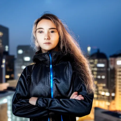 Image similar to photographic portrait of a techwear woman, closeup, on the rooftop of a futuristic city at night, sigma 8 5 mm f / 1. 4, 4 k, depth of field, high resolution, 4 k, 8 k, hd, full color