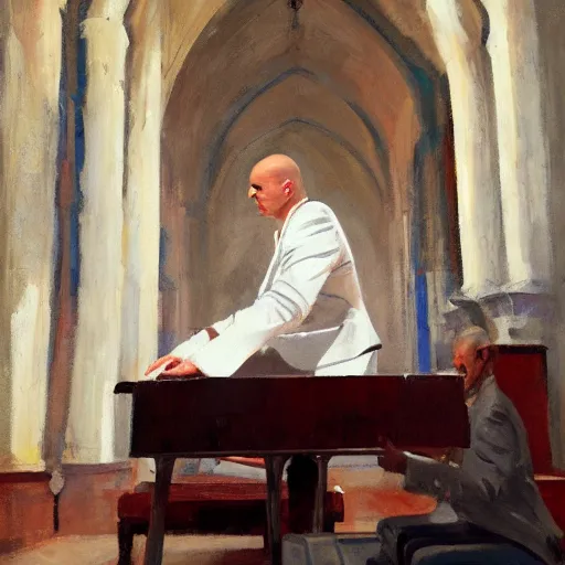 Image similar to a portrait of agent 4 7 playing a piano next to a white coffin in a monestary by gregory manchess, james gurney, james jean