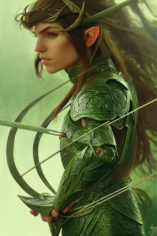 Image similar to male elven Archer armor made of green leaves, fantasy, amber eyes, face, long hair, intricate, elegant, highly detailed, digital painting, artstation, concept art, smooth, sharp focus, illustration, art by artgerm and greg rutkowski and alphonse mucha