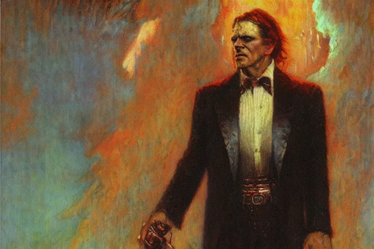 Image similar to portrait of randall flagg, the walking dude grandstanding in las vegas. art by gaston bussiere.