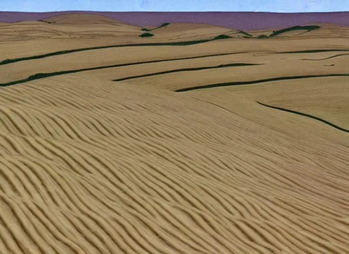 Prompt: minimal endless bland pale bleached sloping wheat farmland by bill watterson from mulan ( 1 9 9 7 )