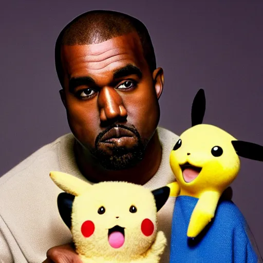 Image similar to Kanye West smiling and holding pikachu for a 1990s sitcom tv show, Studio Photograph, portrait C 12.0