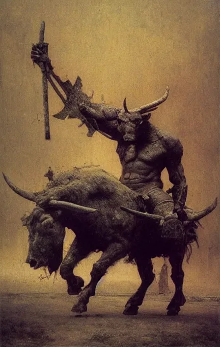 Prompt: minotaur in ancient armor, beksinski, ruan jia,