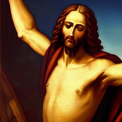 Image similar to a painting of a humanized version of christ the redeemer in rio de janeiro, renaissance style