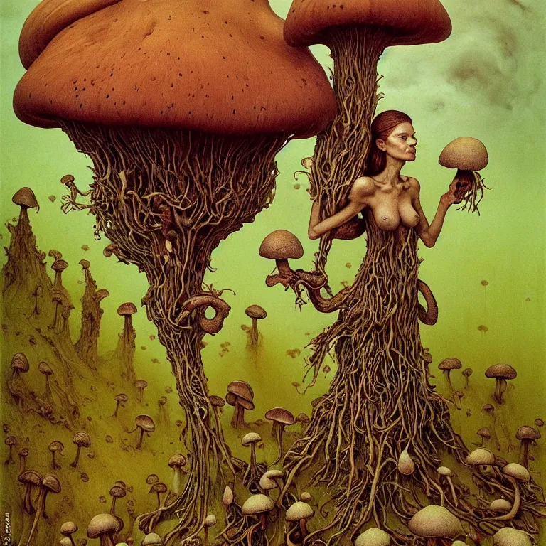 Image similar to A funguswoman stands among the mushroom hills. Lush mold. Wearing a fungus and mushroom. Perfect faces, symmetrical faces, symmetrical features, coherent faces, extremely high detailed, fine details, realistic, fantasy art, solo, masterpiece, art by Zdzisław Beksiński, Arthur Rackham, Dariusz Zawadzki, Edward Robert Hughes, Eugene de Blaas, Frederic Leighton