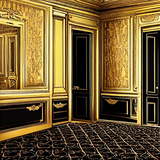 Image similar to parisian interior, dark walls, gold accents, interior design, thick carpet, hyperrealistic, hyperdetailed, super detailed, uhd, uhd, 8 k, high resolution,