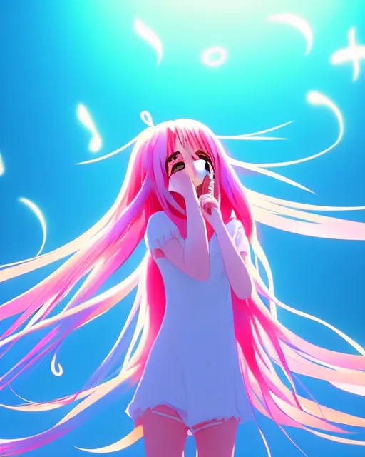 Image similar to anime style, vivid, expressive, full body, 4 k, a cute girl with white skin and long pink wavy hair singing a song, heavenly, stunning, realistic light and shadow effects, happy, centered, landscape shot, happy, simple background, studio ghibly makoto shinkai yuji yamaguchi