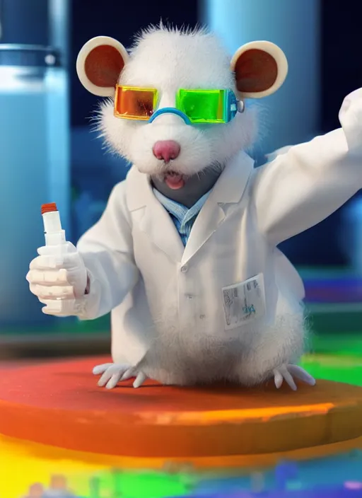 Image similar to a 3D render of a cute fuzzy pet rat dressed in a white lab coat and safety goggles, mixing colorful chemicals in a chemistry lab, bokeh, Canon 50mm, cinematic lighting, volumetric light, octane, octane render, redshift render