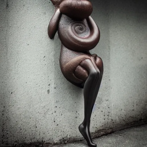 Image similar to full body color photograph of real snail woman modern