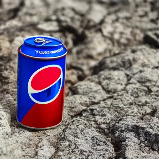 Image similar to a can of pepsi, on a rock, outdoors