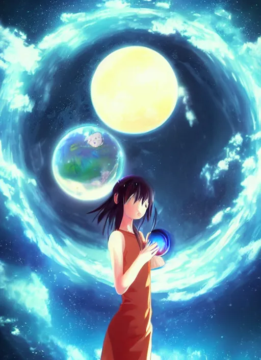 Prompt: a gigantic anime girl in outer space holding one single small blue planet in the palm of her hand. Anime, Makoto Shinkai, empty space, no planets, trending on ArtStation, digital art.