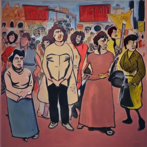 Image similar to feminist revolution, lisbon city at night, art in the style of paula rego