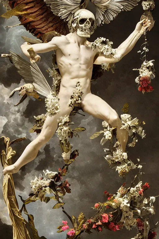 Image similar to A flying icarus reaching for the sun with a skull mask and wings as a corrupted and glitched Greek sculpture, glowing quartz crystal skull, wreath of ferns, abstract milky quartz eyes, many large flying monster eyes, flowing sakura silk, fabric, flowers. baroque elements, human skull. full-length view. baroque element. intricate artwork by caravaggio. many many birds birds on background. Trending on artstation. halo. octane render, cinematic, hyper realism, octane render, 8k, depth of field, 3D