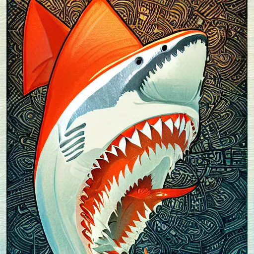 Image similar to great white shark, side view, with a silver and orange striped traffic cone construction cone on its dorsal fin, mandala background - ron cheng & alphonse mucha, highly detailed, digital painting, ray tracing, concept art, illustration, smooth sharp focus, intricate, symmetry, artstation,