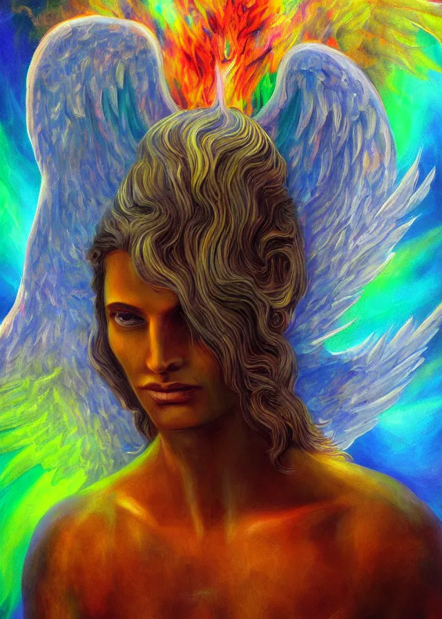 Image similar to Lucifer of the lunar mythos mercurial oil painting angel mist, award winning oil painting, chromatic aberration polychromatic color palette