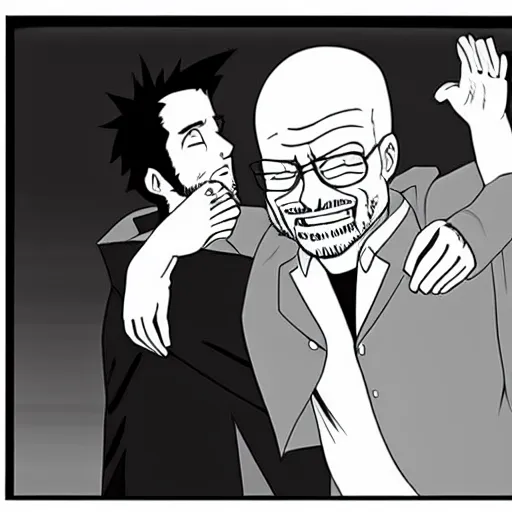 Prompt: Michael Ehrmantraut hugging walter white from behind wrestling breaking bad in one piece anime style