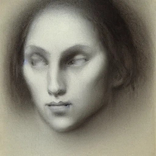 Image similar to white chalk study of a womans portarit by arnold bocklin. fine detail showing the forms of the face. studio lighting. sketch where you can see the artists lines