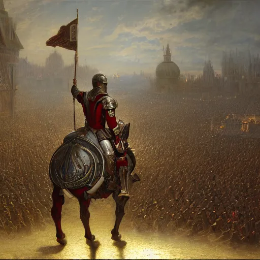 Image similar to artstation concept of a man in armor standing in a crowd gettig cheered, bright colorful, gold, hyperdetailed, artstation trending, world renowned artists, worth 1 0 0 0. com, historic artworks society, antique renewel, cgsociety, by greg rutkowski, by gustave dore, deviantart