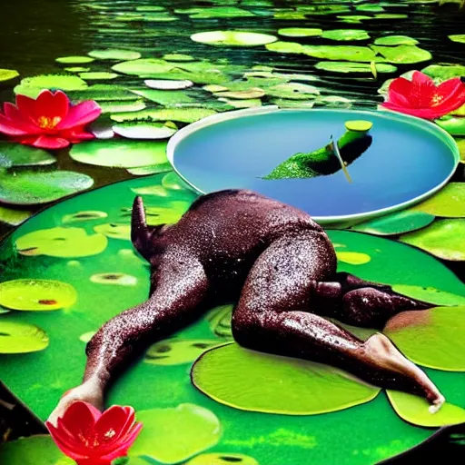 Prompt: alex jones infowars, lying on lily pad, pond, rainbow water, surreal