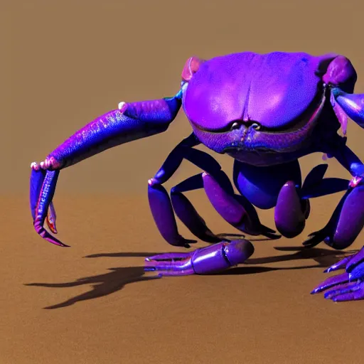 Image similar to photo realistic 3d render of purple and blue alien crab like creature with four eyes and eight limbs and long elephant trunk