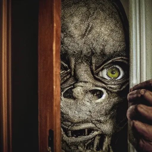 Prompt: photo of a creepy figure peering round your door when your in bed