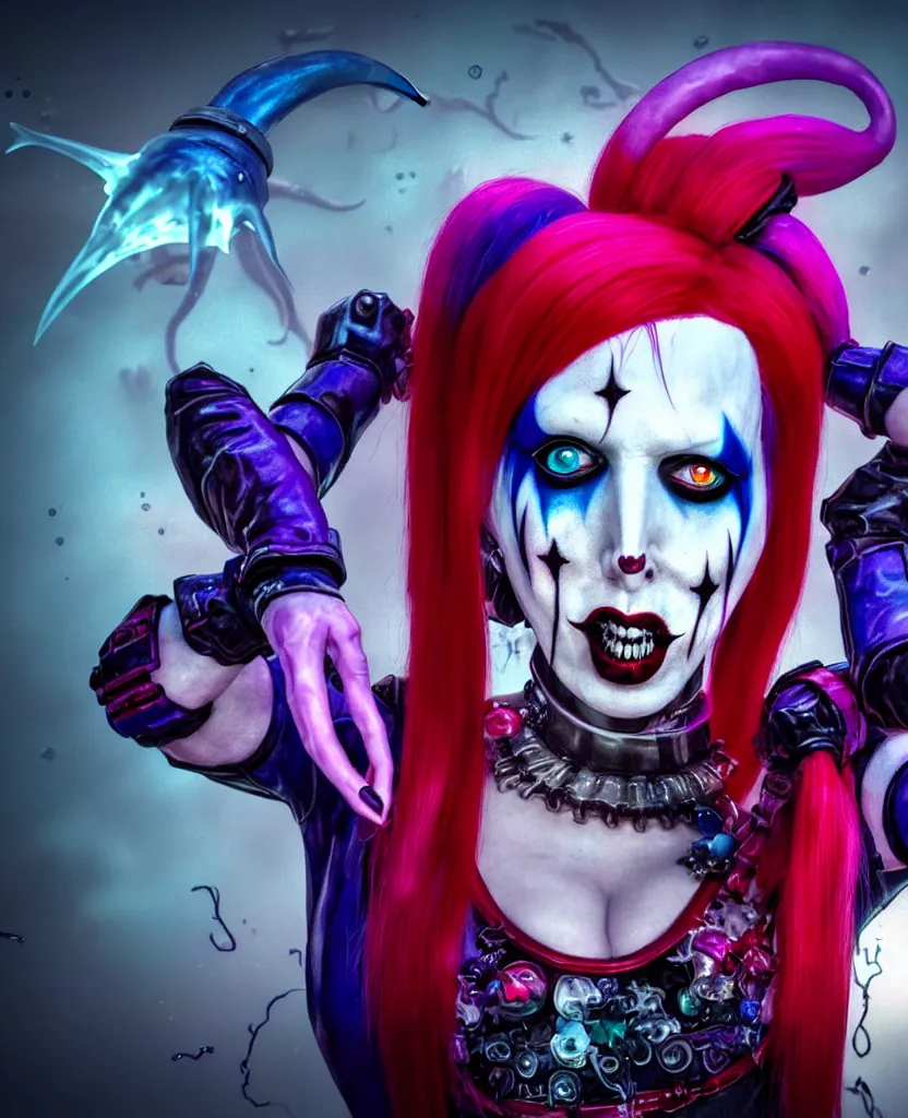 Image similar to Marilyn Manson as Harley Quin (The Suicide Squad), epic angle and pose, symmetrical artwork, 3d with depth of field, blurred background, cybernetic jellyfish female face skull phoenix bird, translucent, nautilus, energy flows of water and fire. a highly detailed epic cinematic concept art CG render. made in Maya, Blender and Photoshop, octane render, excellent composition, cinematic dystopian brutalist atmosphere, dynamic dramatic cinematic lighting, aesthetic, very inspirational, arthouse. y Greg Rutkowski, Ilya Kuvshinov, WLOP, Stanley Artgerm Lau, Ruan Jia and Fenghua Zhong