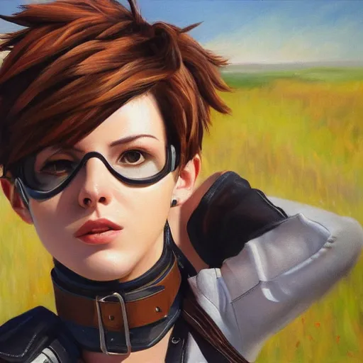 Image similar to oil painting of tracer overwatch in a field wearing large leather choker around neck, in style of mark arian, expressive face, detailed face, detailed eyes, full body, feminine face, tracer overwatch,