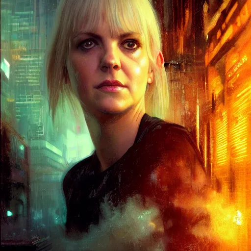 Prompt: anna farris, hyperrealistic portrait, bladerunner street, art of elysium by jeremy mann and alphonse mucha, fantasy art, photo realistic, dynamic lighting, artstation, poster, volumetric lighting, very detailed face, 4 k, award winning