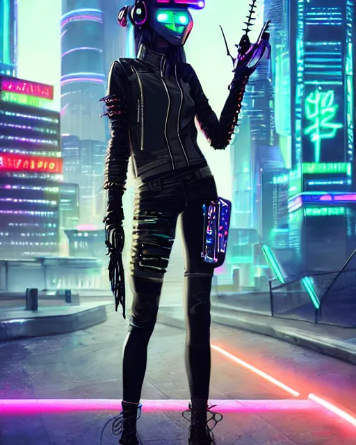 Prompt: concept art of a cyber punk girl wearing a black leather jacket with neon spikes, wearing a futuristic biker helmet, holding a futurstic cyberpunk weapon, standing in a busy cyberpunk city center | | epic - fine - fine details by stanley artgerm lau, wlop, rossdraws, and sakimichan, trending on artstation, brush strokes