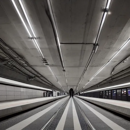 Prompt: an underground New York City subway station platform designed by Zaha Hadid