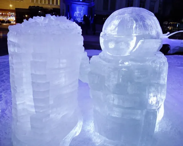 Image similar to ice sculpture. there is a little blonde boy inside a robot made of ice. the ice sculpture is a mecha inspired igloo.