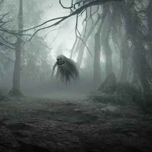 Prompt: a screaming tormented ghost in a foggy environment, highly detailed, 8 k, matte painting, unreal engine, cryengine