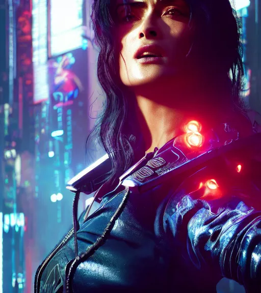 Image similar to cyberpunk 2 0 7 7, charismatic rugged female battle salma hayek - mage portrait, clothed in hooded, metal - plated battle armor atmospheric lighting painted intricate volumetric lighting, beautiful, sharp focus, ultra detailed by leesha hannigan, ross tran, thierry doizon, kai carpenter, ignacio fernandez rios