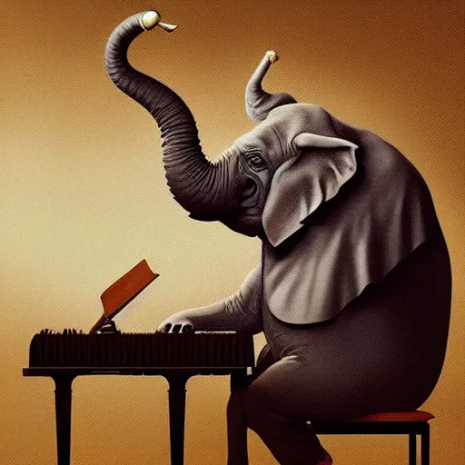 Prompt: An elephant playing piano for other animals in a bar, details, smooth, sharp focus, illustration, realistic, cinematic, artstation,,award winning, artwork by Sergey Kolesov, concept art illustration