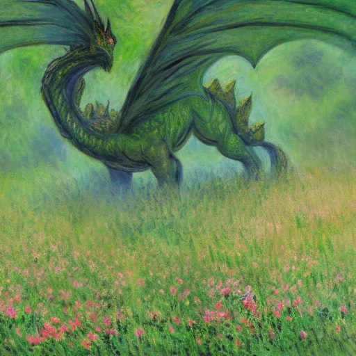 Prompt: A large green dragon sitting in a flowery meadow by Claude Monet, deviantart, furaffinity, highly detailed